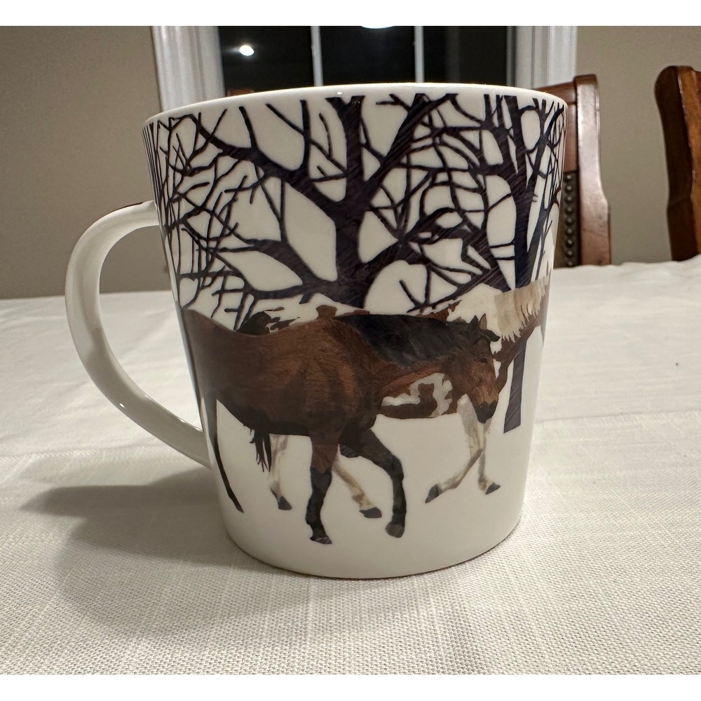 PPD Two Can Art Horse Mug New Bone China Winter Scene Coffee Cup Black Handle